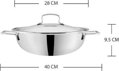 Vinod Platinum Triply Stainless Steel Kadai | Suitable for Indian Cooking, Sauces, Stews, Soups | Extra Deep, Induction, Electric Friendly (28cm)