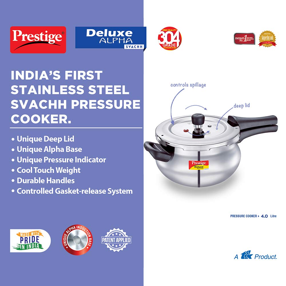 Prestige Svachh, 20268, 4 L, Alpha Junior Handi, With Deep Lid For Spillage Control, Stainless Steel, Silver, Outer Lid