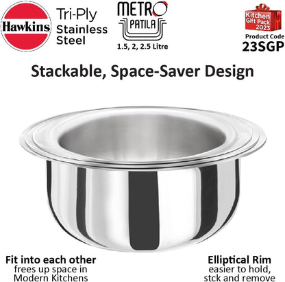 Hawkins Kitchen Gift Pack 2023 (23SGP) 3 Pieces Set of 1.5 Litre, 2 Litre and 2.5 Litre Triply Stainless Steel Patila, Tope, Bhagona, Tapeli, Saucepans