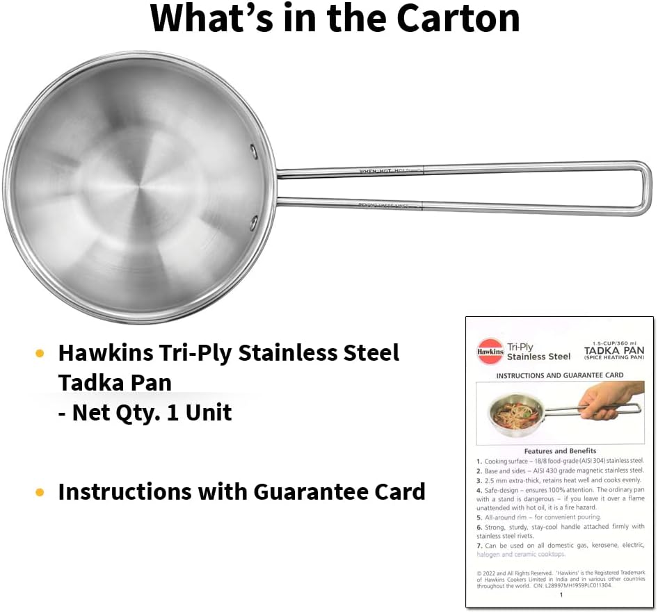 Hawkins Tadka Pan, Triply Stainless Steel Pan, Induction Pan, Silver 1.5 Cup , 2.5 Cup STP15 STP25