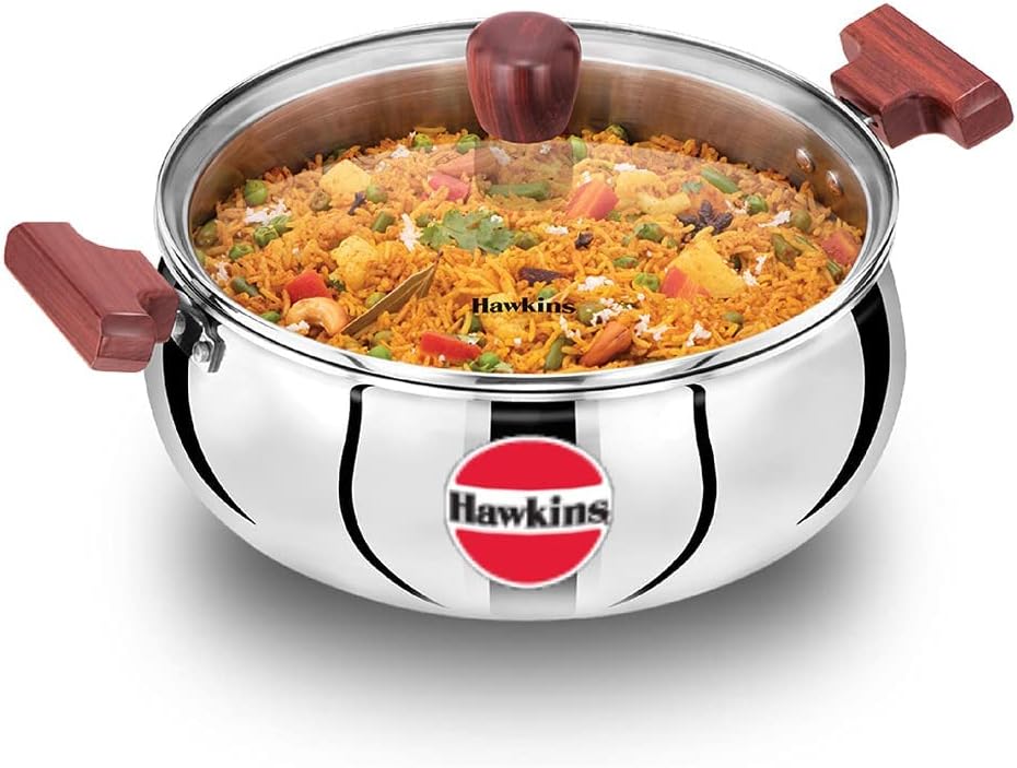 Hawkins Futura Steel Cook N Serve Handi with Glass Lid, 5.0 Litre Capacity