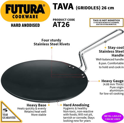 Futura Hard Anodised Concave Tava Griddle, 10-Inch, 4.88 with Steel Handle, 26 cm, Black