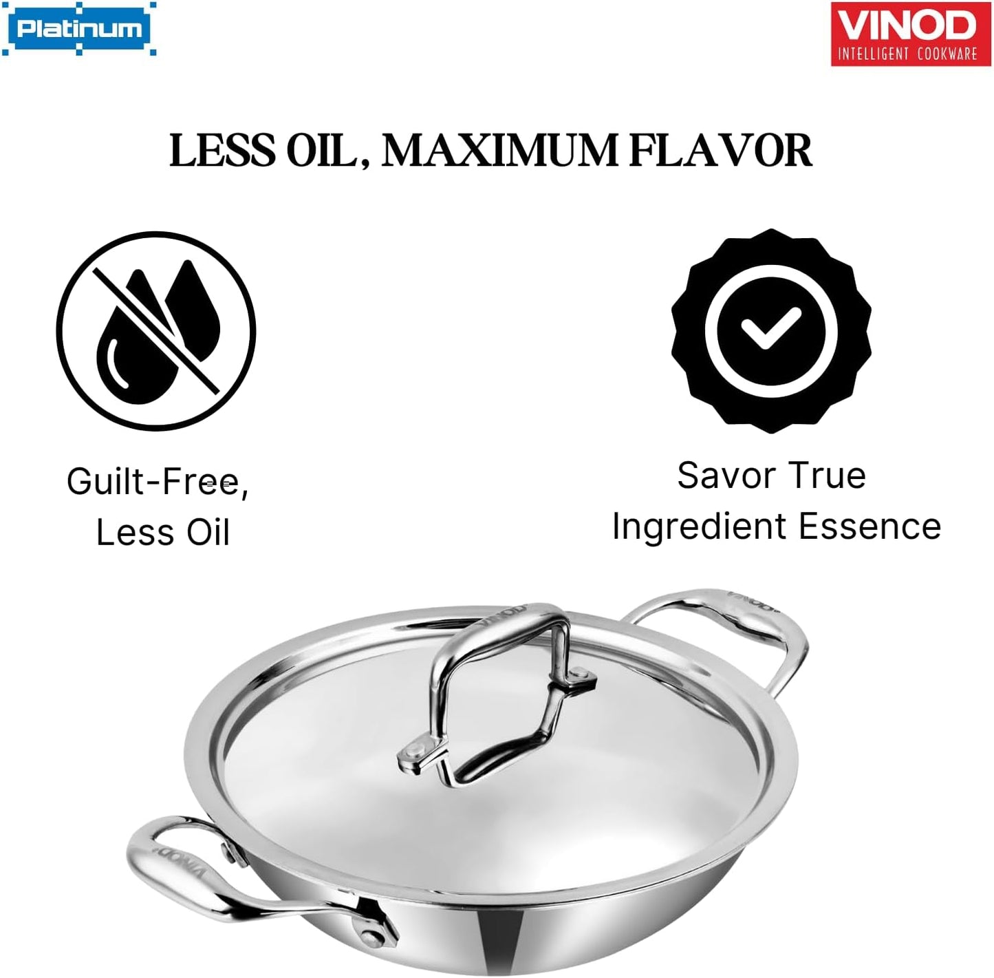 Vinod SAS Pro Platinum Triply Stainless Steel Extra Deep with Lid - 4.8 Litre, 28 cm | Stick Free Kadai for Cooking, Hexa Design Inside, Metal Spoon Safe, Gas & Induction Base, PFOA Free