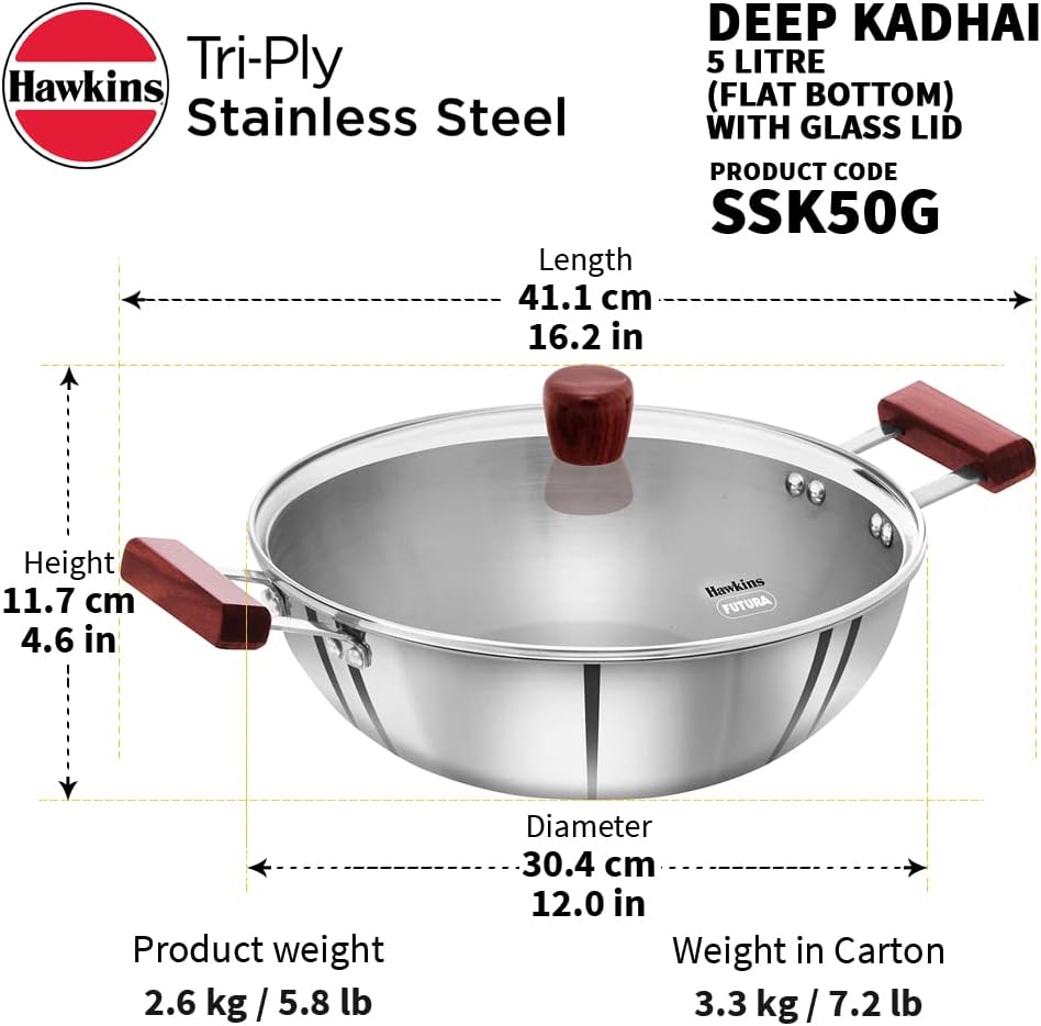 Hawkins 5 Litre Deep Kadhai, Triply Stainless Steel Kadai with Glass Lid, Flat Bottom Induction Deep Kadhai, Big Kadai, Silver (SSK50G)
