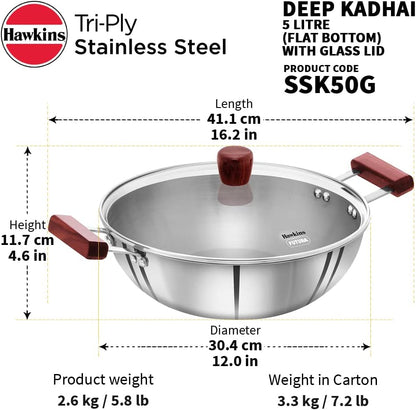Hawkins 5 Litre Deep Kadhai, Triply Stainless Steel Kadai with Glass Lid, Flat Bottom Induction Deep Kadhai, Big Kadai, Silver (SSK50G)