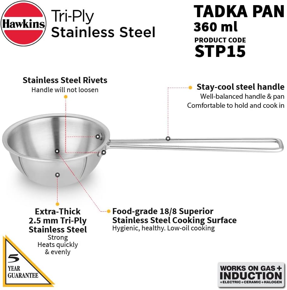Hawkins Tadka Pan, Triply Stainless Steel Pan, Induction Pan, Silver 1.5 Cup , 2.5 Cup STP15 STP25