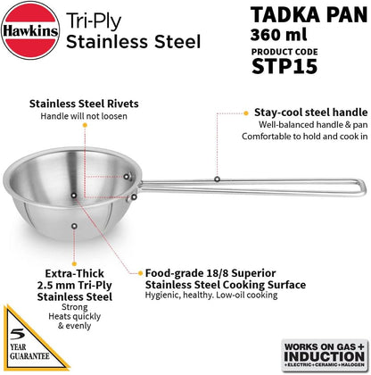 Hawkins Tadka Pan, Triply Stainless Steel Pan, Induction Pan, Silver 1.5 Cup , 2.5 Cup STP15 STP25