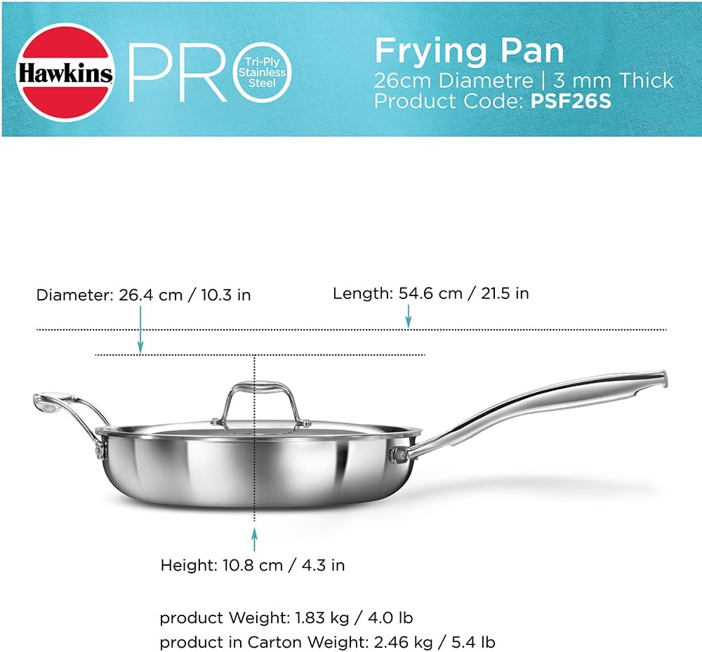 Hawkins Pro 26 cm Frying Pan, Triply Stainless Steel Fry Pan with Stainless Steel Handle and Stainless Steel Lid, Silver (PSF26S)