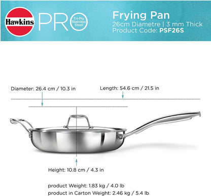 Hawkins Pro 26 cm Frying Pan, Triply Stainless Steel Fry Pan with Stainless Steel Handle and Stainless Steel Lid, Silver (PSF26S)