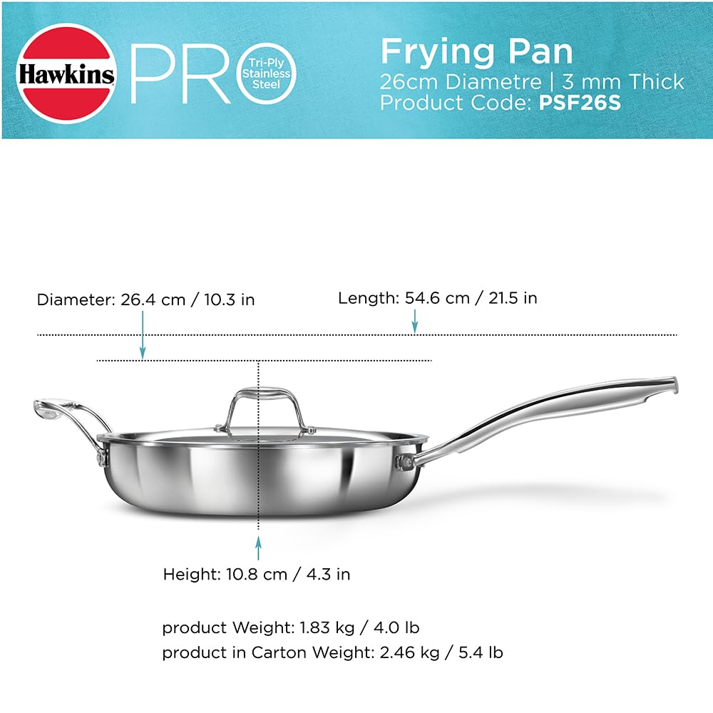 Hawkins Pro 26 cm Frying Pan, Triply Stainless Steel Fry Pan with Stainless Steel Handle and Stainless Steel Lid, Silver (PSF26S)