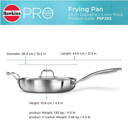 Hawkins Pro 26 cm Frying Pan, Triply Stainless Steel Fry Pan with Stainless Steel Handle and Stainless Steel Lid, Silver (PSF26S)