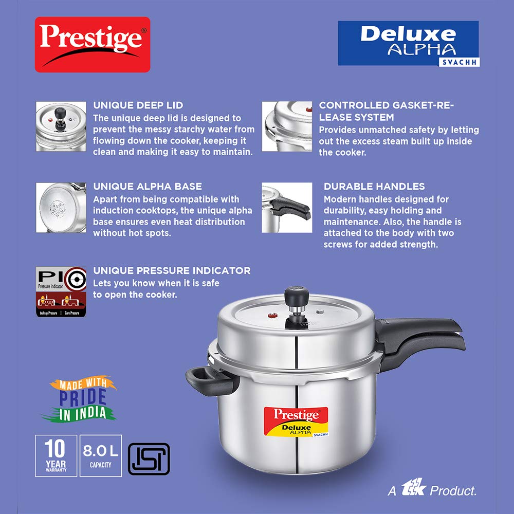 Prestige 8 Litre Stainless Steel Deluxe Alpha Svachh Outerlid Pressure Cooker |Deep lid for spillage control|10 years warranty|Gas & Induction compatible|Gasket release system|ISI Certified