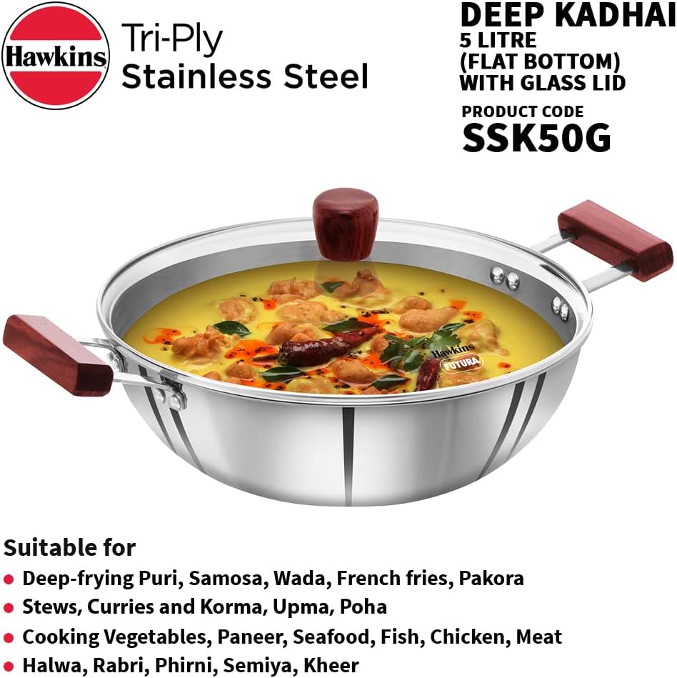 Hawkins 5 Litre Deep Kadhai, Triply Stainless Steel Kadai with Glass Lid, Flat Bottom Induction Deep Kadhai, Big Kadai, Silver (SSK50G)