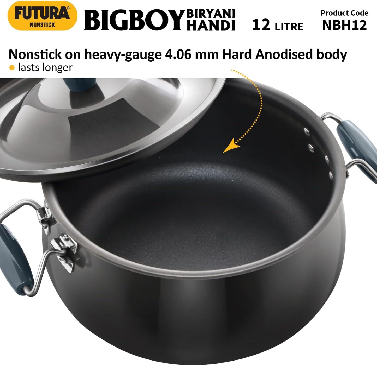 Hawkins Futura 12 Litre BigBoy Biryani Handi, Non Stick Pot with Hard Anodised Lid, Sauce Pan for Cooking and Serving Biriyani, Black (NBH12) Aluminium