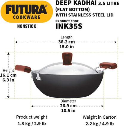 Hawkins Non-Stick Induction Compatible Flat Bottom Deep Kadhai with Stainless Steel Lid, 3.5 Litre Capacity INK35S