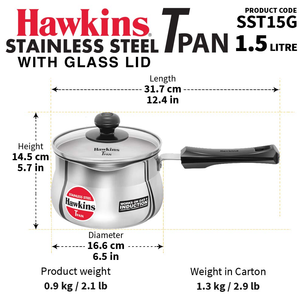 Hawkins Futura Steel Tea Pan with Glass Lid, 1.5 Litre Capactiy