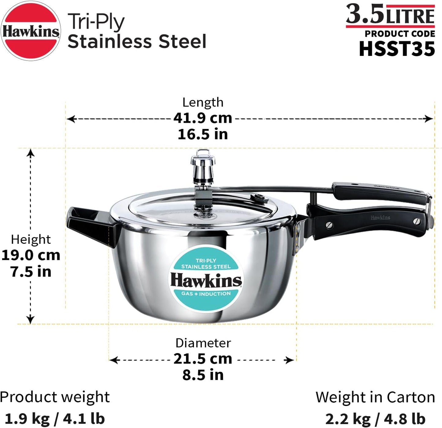 Hawkins 3.5 Litre Triply Stainless Steel Pressure Cooker, Inner Lid Cooker, Silver (HSST35)