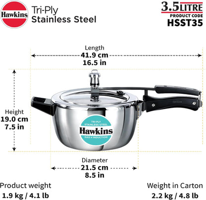 Hawkins 3.5 Litre Triply Stainless Steel Pressure Cooker, Inner Lid Cooker, Silver (HSST35)