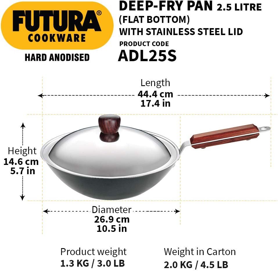 Hawkins Futura Hard Anodised Aluminium Deep Fry Pan with Lid, 2.5 Litre Capacity ADL25S