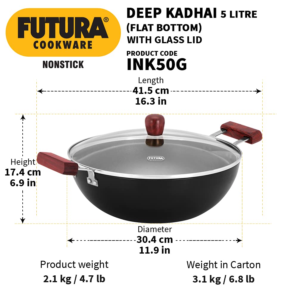 Futura INK50G Kadai, 5 Litre, Black - Induction / 2 Liters / Induction + Glass Lid