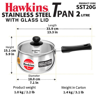 Hawkins Futura Steel Tea Pan with Glass Lid, 2.0 Litre Capactiy, Silver