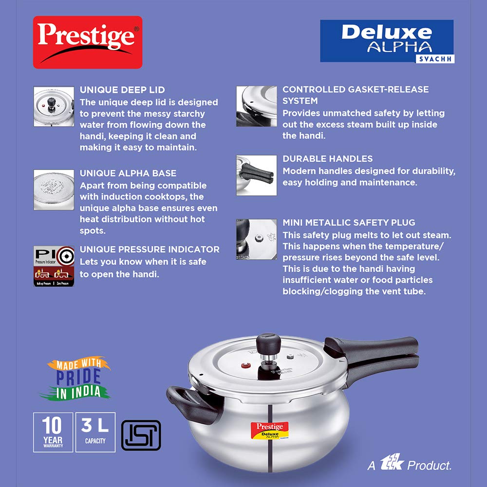 Prestige Svachh Deluxe Alpha Mini Pressure Handi,With Deep Lid For Spillage Control,3 Liter,Stainless Steel,Silver,Outer Lid