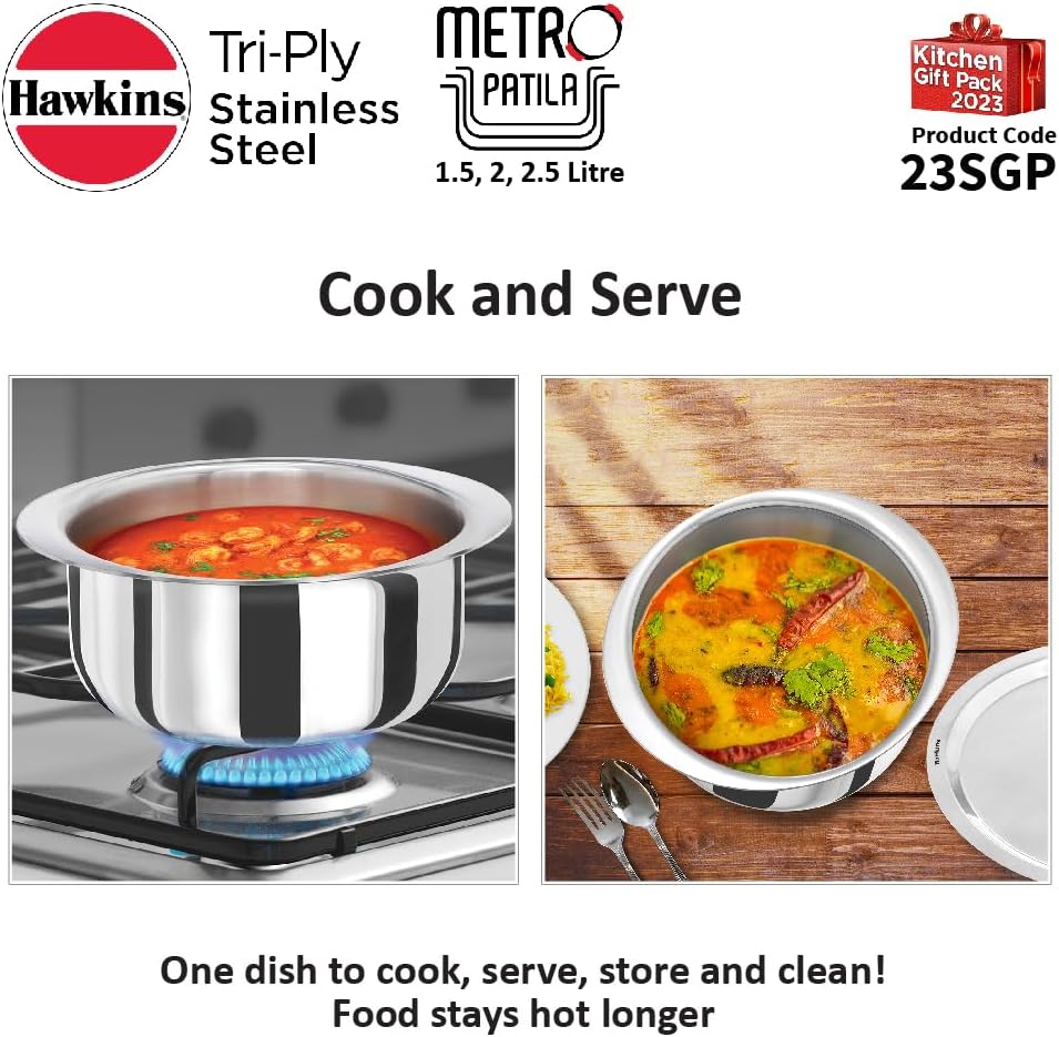Hawkins Kitchen Gift Pack 2023 (23SGP) 3 Pieces Set of 1.5 Litre, 2 Litre and 2.5 Litre Triply Stainless Steel Patila, Tope, Bhagona, Tapeli, Saucepans