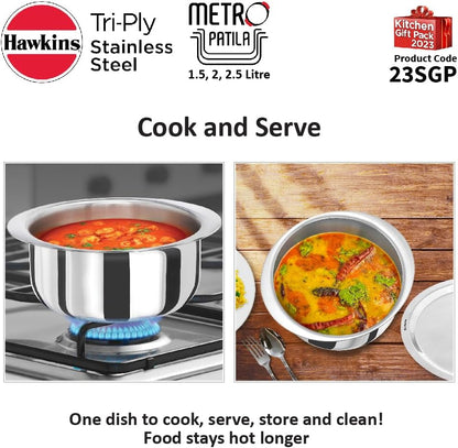 Hawkins Kitchen Gift Pack 2023 (23SGP) 3 Pieces Set of 1.5 Litre, 2 Litre and 2.5 Litre Triply Stainless Steel Patila, Tope, Bhagona, Tapeli, Saucepans
