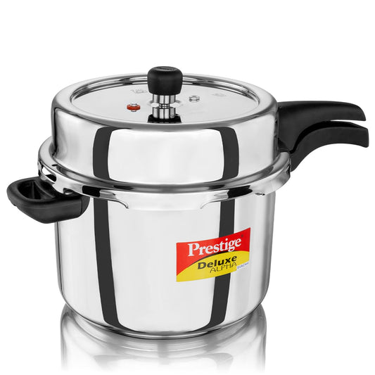 Prestige 8 Litre Stainless Steel Deluxe Alpha Svachh Outerlid Pressure Cooker |Deep lid for spillage control|10 years warranty|Gas & Induction compatible|Gasket release system|ISI Certified