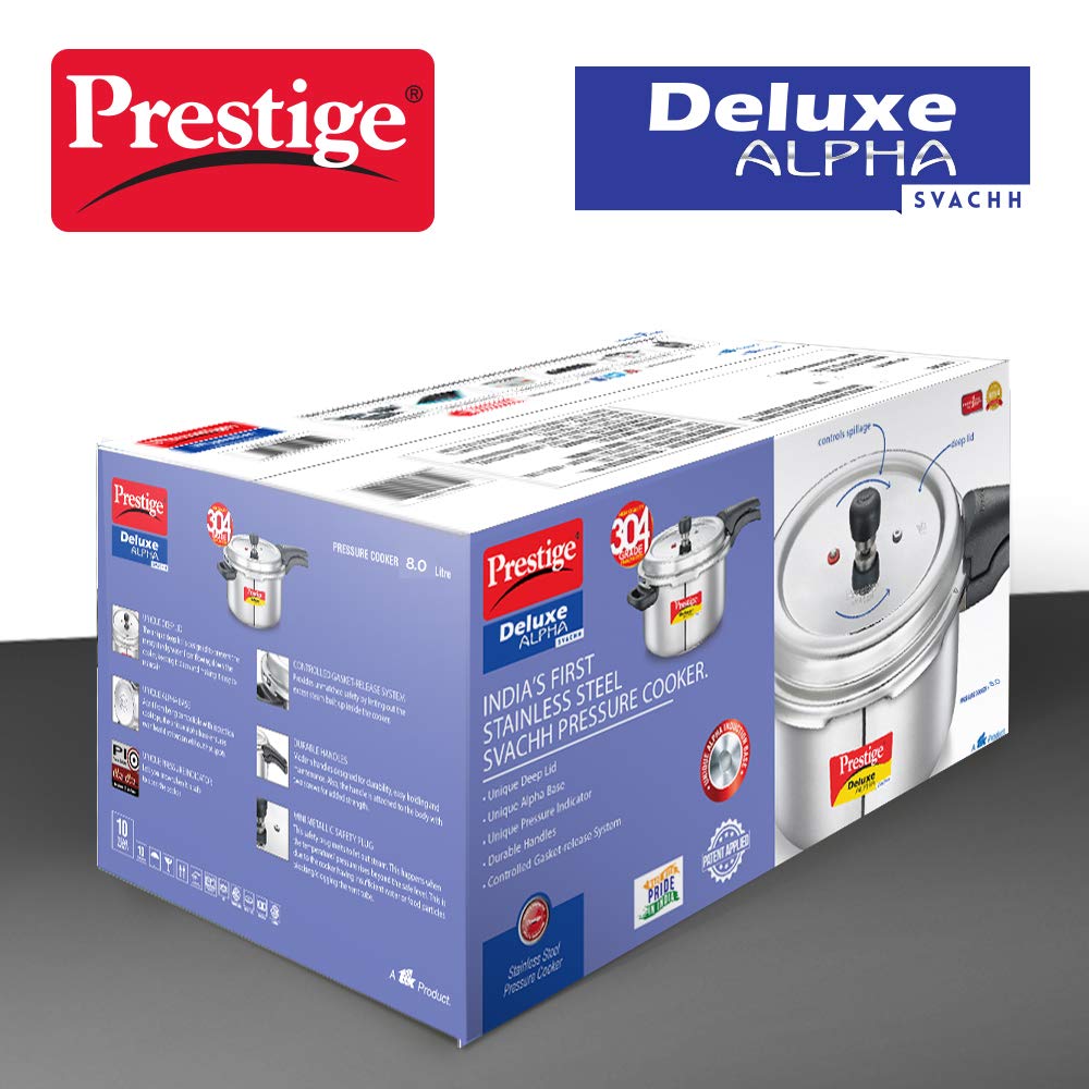Prestige 8 Litre Stainless Steel Deluxe Alpha Svachh Outerlid Pressure Cooker |Deep lid for spillage control|10 years warranty|Gas & Induction compatible|Gasket release system|ISI Certified
