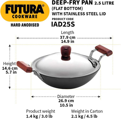 Hawkins Futura Induction Compatible Hard Anodised Aluminium Deep Fry Pan, 2.5 Litre Capacity