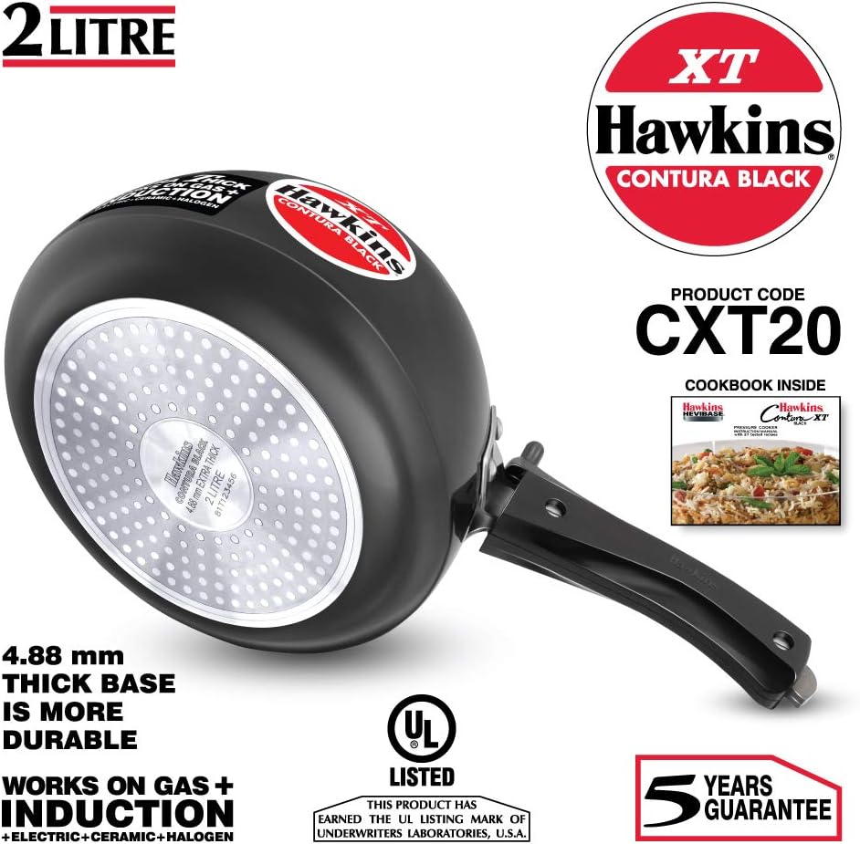 Hawkins Contura XT Pressure Cooker, 2 Liter Capacity, Black