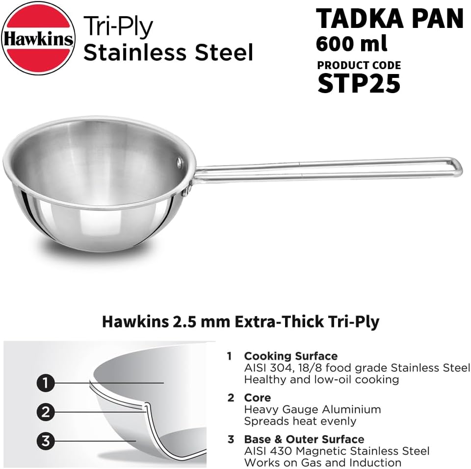 Hawkins Tadka Pan, Triply Stainless Steel Pan, Induction Pan, Silver 1.5 Cup , 2.5 Cup STP15 STP25
