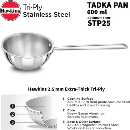 Hawkins Tadka Pan, Triply Stainless Steel Pan, Induction Pan, Silver 1.5 Cup , 2.5 Cup STP15 STP25