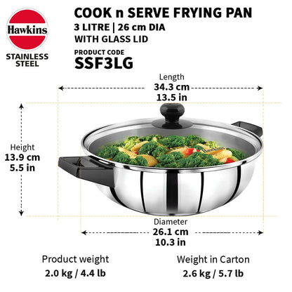 Hawkins 3 Litre Cook n Serve Frying Pan, Stainless Steel Fry Pan with Glass Lid, Induction Frying Pan, Frypan for Cooking and Serving, Silver (SSF3LG)
