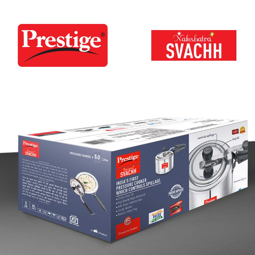 Prestige Nakshatra Plus Svachh Aluminium Straight Wall Inner Lid Pressure Cooker - Silver, 5 L, 5 Liter