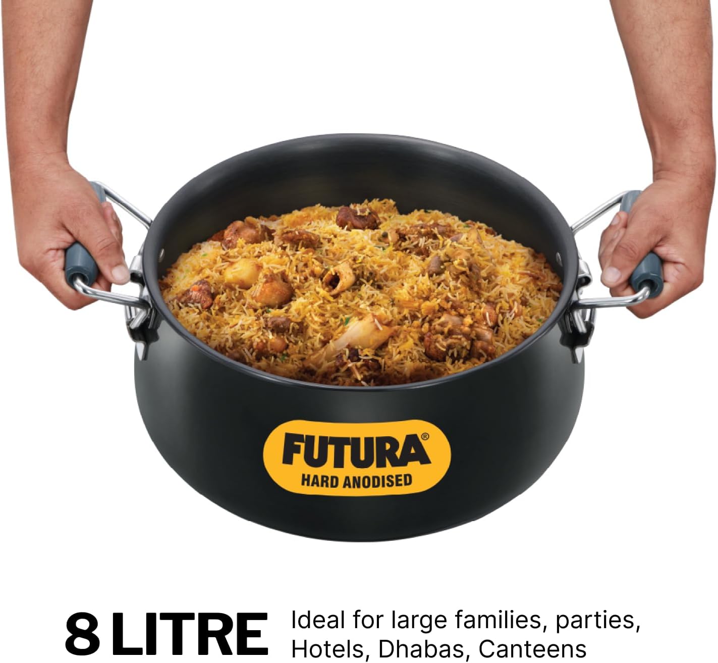 Hawkins Futura 8 Litre BigBoy Biryani Handi, Hard Anodised Pot with Hard Anodised Lid, Sauce Pan for Cooking and Serving Biriyani, Black (ABH8)