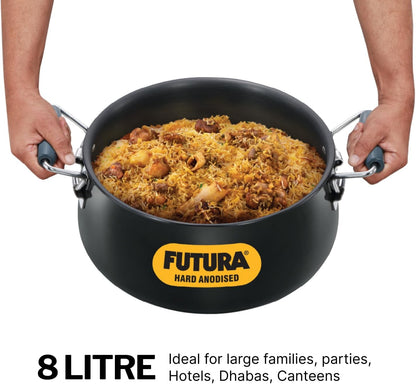 Hawkins Futura 8 Litre BigBoy Biryani Handi, Hard Anodised Pot with Hard Anodised Lid, Sauce Pan for Cooking and Serving Biriyani, Black (ABH8)