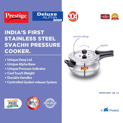 Prestige Svachh Deluxe Alpha Mini Pressure Handi,With Deep Lid For Spillage Control,3 Liter,Stainless Steel,Silver,Outer Lid