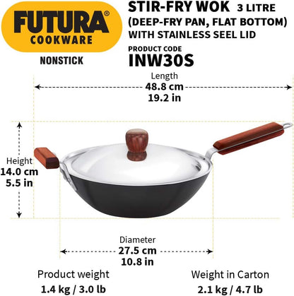 Hawkins Futura Non-Stick Induction Compatible Stir Fry Wok with Stainless Steel Lid, 3 Litre Capacity INW30S