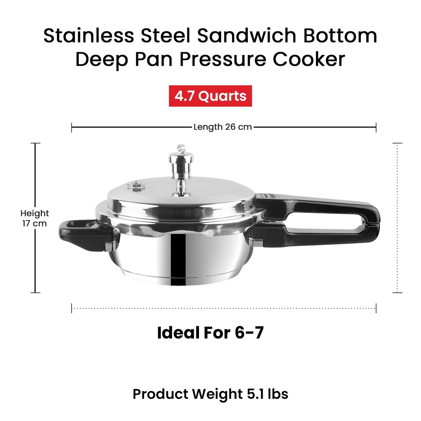 Vinod Stainless Steel Deep Pan Pressure Cooker 4.5 Litres | Dual Use as Fry Pan & Cooker | Sandwich Bottom | Induction & Gas Compatible | ISI & CE Certified | Silver Finish
