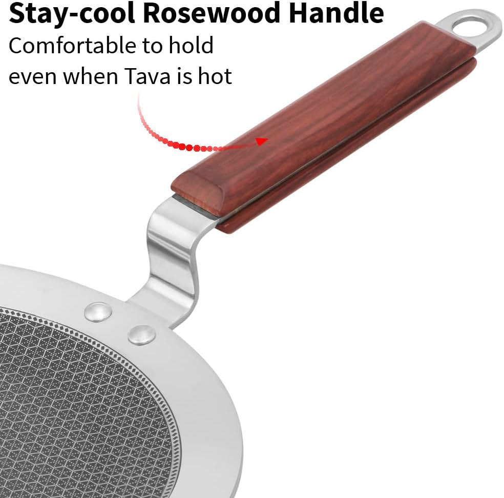Hawkins Paratha Tawa, Triply Stainless Steel Shielded Nonstick Tawa with Rosewood Handle, Honeycomb Non Stick Induction Tawa, Silver 24 cm / 26 cm (NSPT24) (NSPT26)