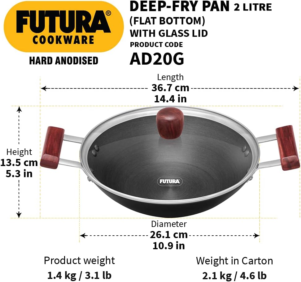 Hawkins Futura Hard Anodised Deep Fry Pan with Glass Lid, 2 Litre Capacity