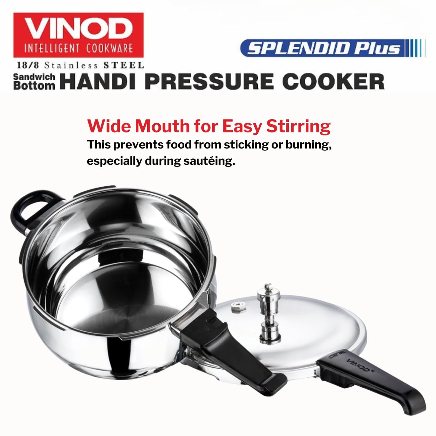 Vinod Splendid Plus Stainless Steel Outer Lid Pressure Cooker 3.5 Litre | Handi Cooker with SAS Bottom & Extra Glass Lid | Induction & Gas Compatible | ISI & CE Certified