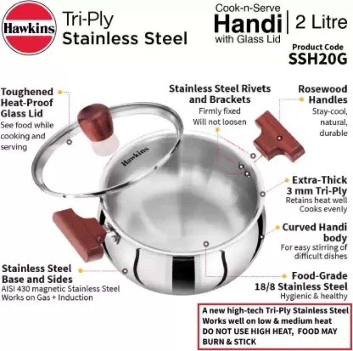 Hawkins Futura Steel Cook N Serve Handi with Glass Lid, 2.0 Litre Capacity