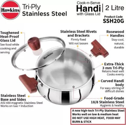 Hawkins Futura Steel Cook N Serve Handi with Glass Lid, 2.0 Litre Capacity