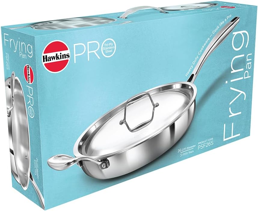 Hawkins Pro 26 cm Frying Pan, Triply Stainless Steel Fry Pan with Stainless Steel Handle and Stainless Steel Lid, Silver (PSF26S)