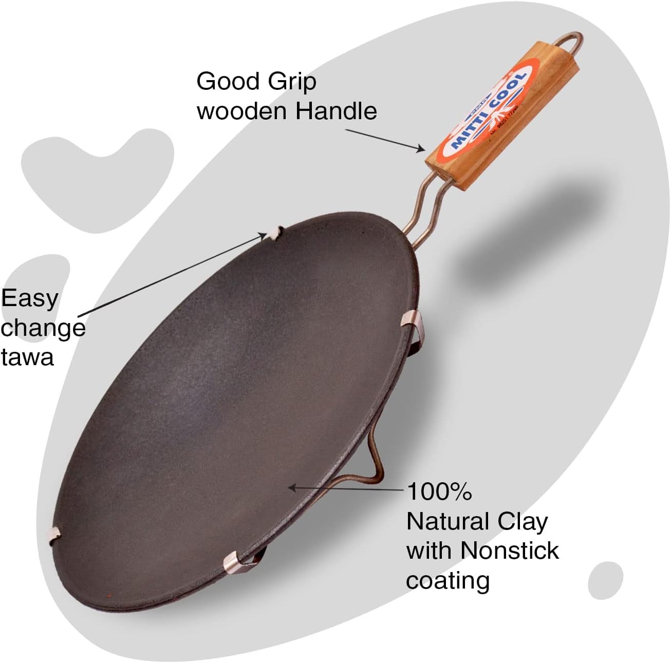 Mitti Mitti Non Stick Clay Tawa with Handle, Earthen Clay Roti Tawa/Frying Pan/Appa Chatty Cooking Pre-Seasoned Pottery Black for roti (10 inch) Black