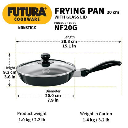 Hawkins Futura 20 cm Frying Pan, Non Stick Small Fry Pan with Glass Lid, Black (NF20G)