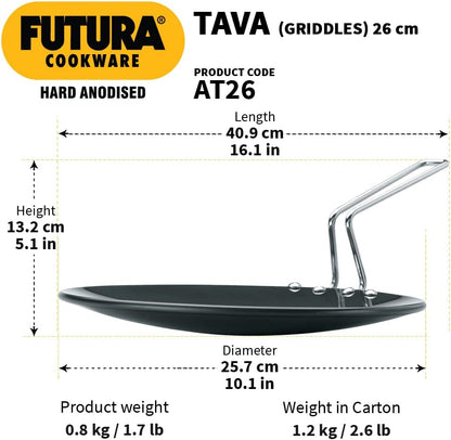 Futura Hard Anodised Concave Tava Griddle, 10-Inch, 4.88 with Steel Handle, 26 cm, Black